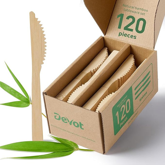Devot 100% Natural Bamboo Disposable Cutlery Set - 120 Knives 6.7", Eco Friendly Utensils, Biodegradable, Compostable, Splinter Free and Perfect For Weddings, Camping, Party