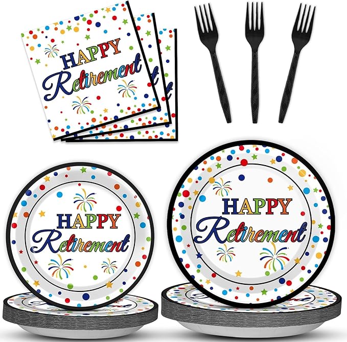 96 Pcs Happy Retirement Party Supplies Colorful Retirement Paper Plates Napkins Table Decorations Retired Themed Dessert Tableware Set Dinnerware Favor Men Woman Indoor Outdoor Decor for 24 Guests