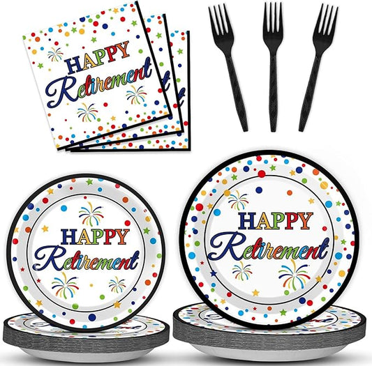 96 Pcs Happy Retirement Party Supplies Colorful Retirement Paper Plates Napkins Table Decorations Retired Themed Dessert Tableware Set Dinnerware Favor Men Woman Indoor Outdoor Decor for 24 Guests