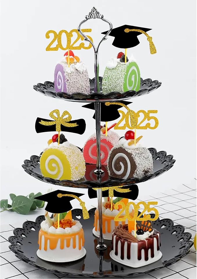 2025 Graduation Cupcake Toppers, 48 PCS Food/Appetizer Picks For Graduation Party Mini Cake Decorations, Diploma, 2025, Grad Cap Set 48 Pieces (01 Gold)