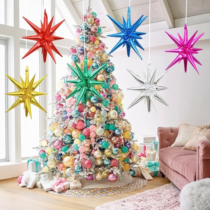 6PCS Star Balloons, 22Inch Large Colorful Star Balloon Foil Balloons Spike Cone Balloon for Birthday Graduation Anniversary Christmas New Year Party Decorations