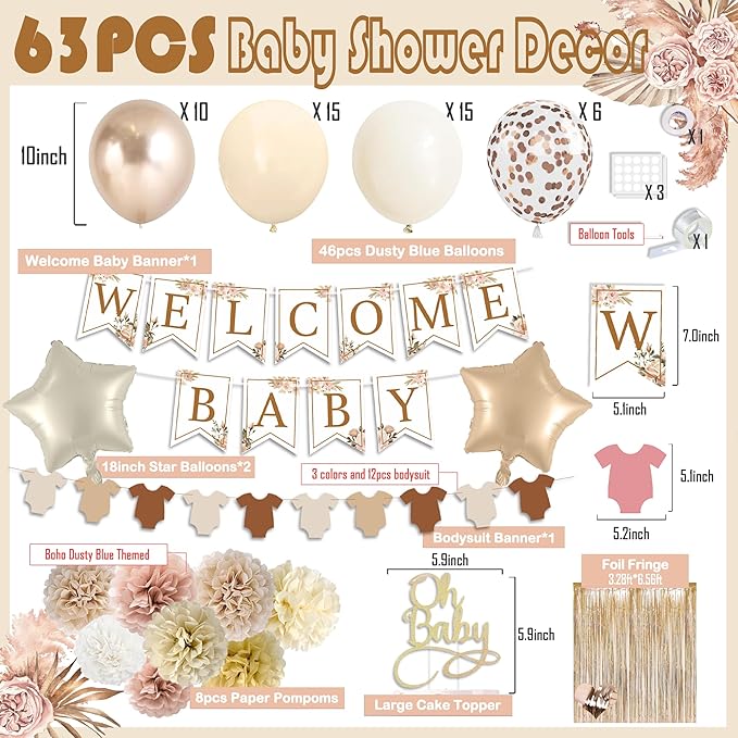 Champagne Baby Shower Decorations, Boho Beige Baby Shower Decor Set with Welcome Baby Banner,Tissue Pom Poms,Oh Baby Cake Topper,Nude Cream Gold Balloons| Neutral Baby Boy Girl Shower Party Supplies