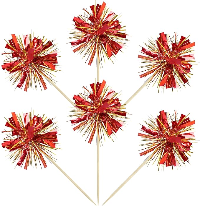 Gyufise 20Pcs Foil Firework Cupcake Toppers Sparkle Tinsel Cake Toppers Tinsel Drink Cake Decoration Cocktail Picks for Birthday Wedding Graduation Party Supplies Gold Red