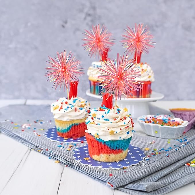 Gyufise 30Pcs Foil Firework Cupcake Toppers Sparkle Tinsel Cake Toppers Tinsel Drink Cake Decoration Cocktail Picks for Birthday Wedding Graduation Party Supplies Laser Orange