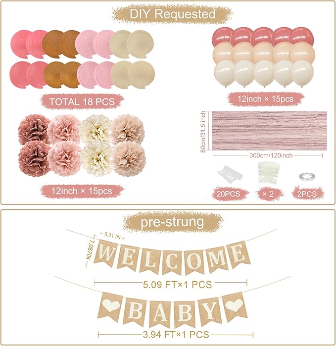 Baby Shower Party Decorations Kit Welcome Baby Heart Burlap Banner with Dusty Pink Cheesecloth Table Runner Tissue Flowers Pom Pom Felt Swirl Balloons for Boho Hello Baby Party Decorations Supplies