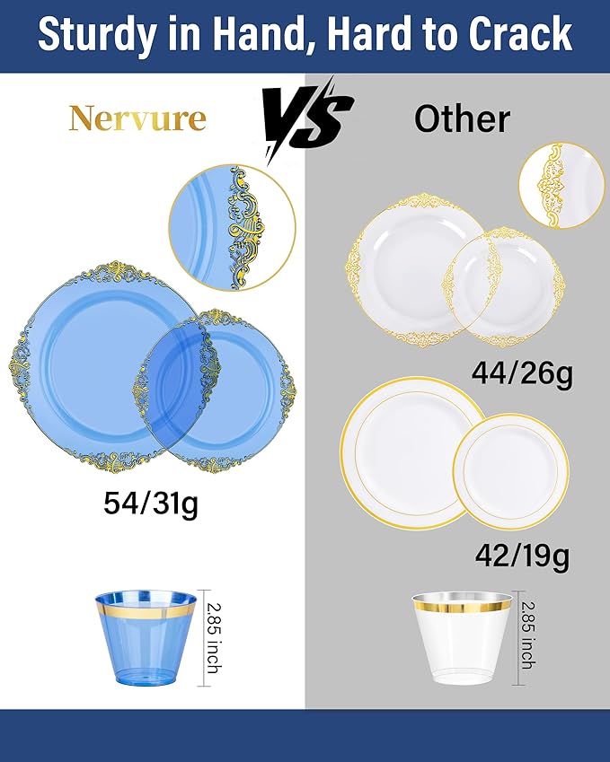 Nervure 175PCS Blue Plastic Plates - Disposable Blue Gold Party Plates & Pre Rolled Napkins with Cutlery for 25 Guests, 50Plates, 75Silverware, 25Cups, 25Napkin for Wedding & Party & Independence Day