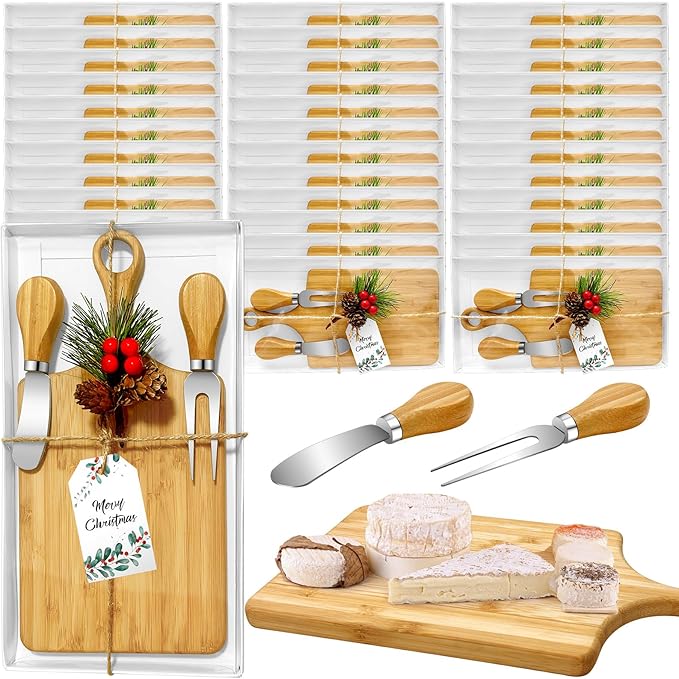 36 Set Christmas Gifts Bridal Shower Favor Bamboo Wooden Square Cheese Board Gift Set Cheese Knives Mini Cutting Board Bulk Set Tags and Boxes Christmas Party Birthday