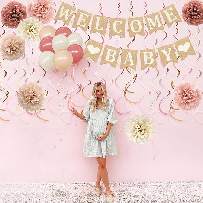 Baby Shower Party Decorations Kit Welcome Baby Heart Burlap Banner with Dusty Pink Cheesecloth Table Runner Tissue Flowers Pom Pom Felt Swirl Balloons for Boho Hello Baby Party Decorations Supplies
