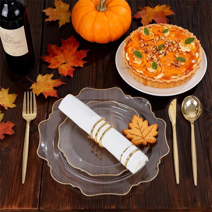 WDF 350Pcs Clear and Gold Plastic Plates - Heavy Duty Clear Plates Disposable - Gold Dinnerware Sets of 100 Plastic Plate 150Silverware 50 Cups 50 Napkins for Wedding/Party/Thanksgiving