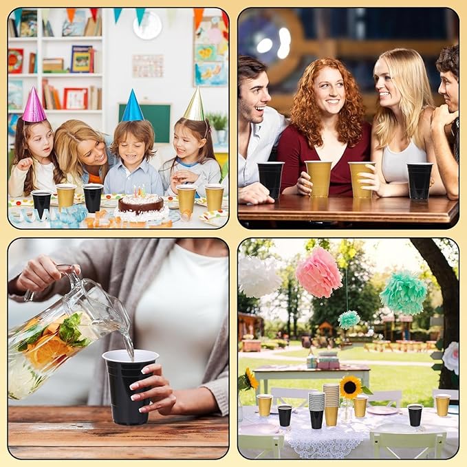 KesaPlan 50PCS 16 oz Plastic Cups Graduation Cups Black and Gold Disposable Party Cup Bulk for Party Graduation Wedding Birthday Halloween Family Gatherings and Festive Celebrations