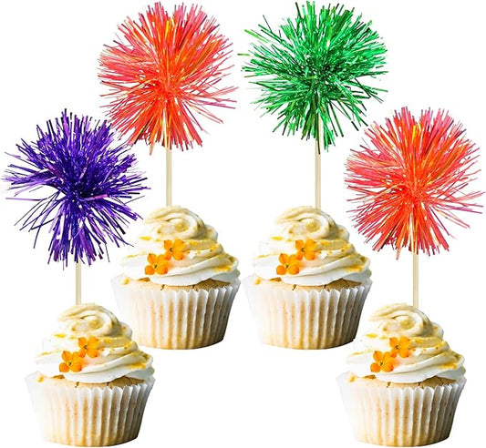Gyufise 30Pcs Foil Firework Cupcake Toppers Sparkle Tinsel Cake Toppers Tinsel Drink Cake Decoration Cocktail Picks for Halloween Birthday Wedding Graduation Party Supplies Purple Green Orange