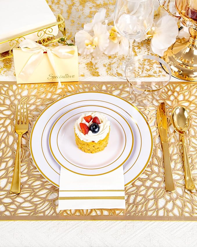 GATHER 350PCS White and Gold Plastic Plates - Disposable Plastic Dinnerware Set Include 50 Dinner Plates, 50 Dessert Plate, 150 Silverware, 50 Napkins, 50 Cups for Party & Wedding & Thanksgiving