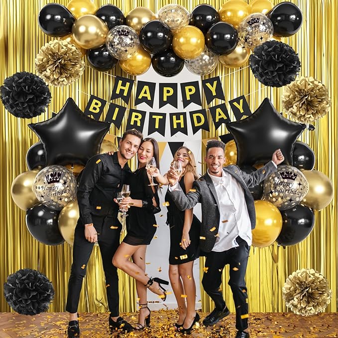 Black Gold Birthday Decorations, Gold Black Foil Confetti Balloons Foil Balloon Happy Birthday Banner Pom Poms Fringe Curtain for Men Women Bday Party Decoration Supplies