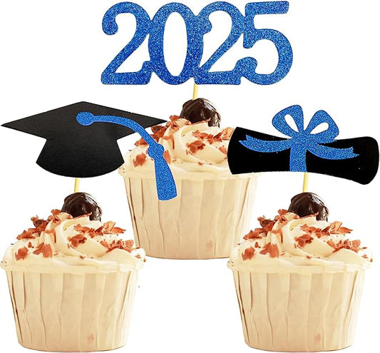 2025 Graduation Cupcake Toppers, 48 PCS Food/Appetizer Picks For Graduation Party Mini Cake Decorations, Diploma, 2025, Grad Cap Set 48 Pieces (02 Blue)