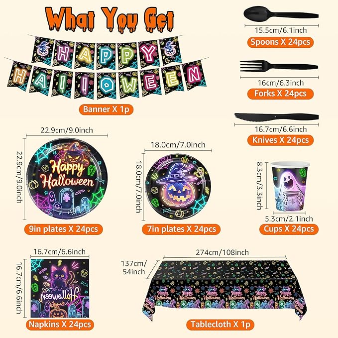 170 Pcs Halloween Birthday Party Decorations Set , Halloween Party Decorations Including Plates, Dessert Plates, Cups, Napkins, Spoons, Forks, Knives, Pull Tabs and Tablecloth Serves 24