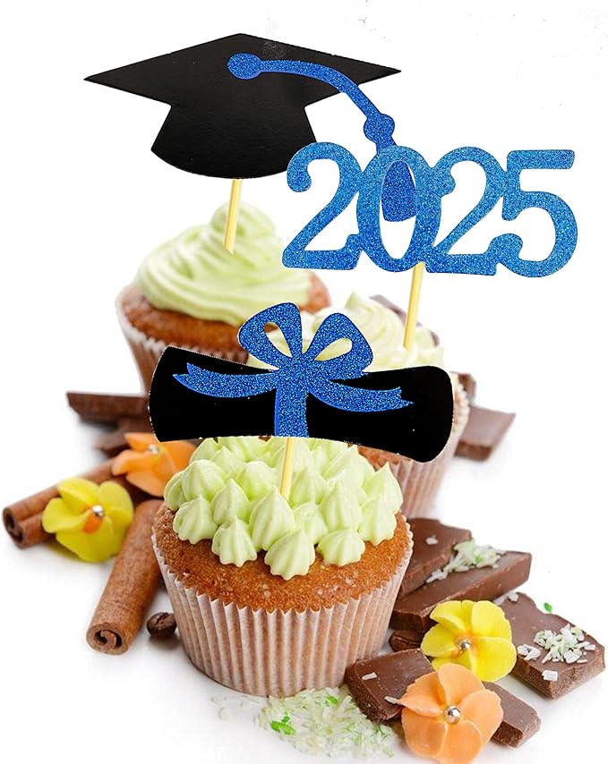 2025 Graduation Cupcake Toppers, 48 PCS Food/Appetizer Picks For Graduation Party Mini Cake Decorations, Diploma, 2025, Grad Cap Set 48 Pieces (02 Blue)