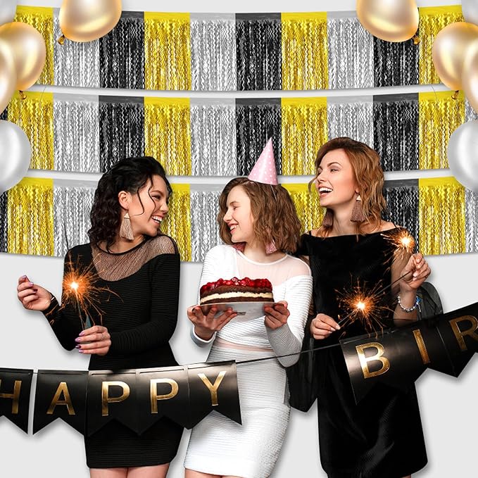 6 Pack 10 Feet Black Gold Silver Wave Foil Fringe Garland Metallic Tinsel Streamers Banner Wall Hanging Curtain Backdrop for Parade Floats, Mother's Day, Easter, Wedding, Birthday Party Decoration