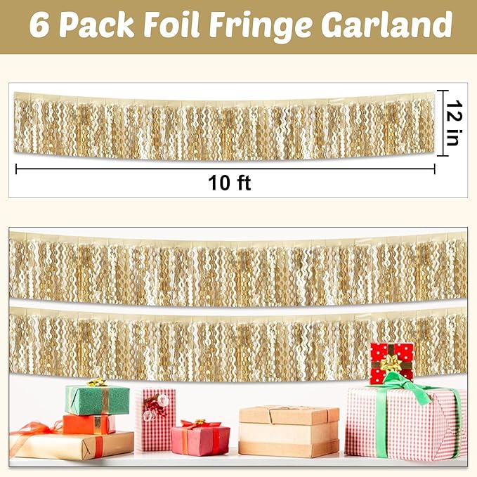 6 Pack 10 Feet Champagne Gold Wave Foil Fringe Garland Metallic Tinsel Streamers Banner Wall Hanging Curtain Backdrop for Parade Floats, Mother's Day, Easter, Wedding, Birthday Party Decoration