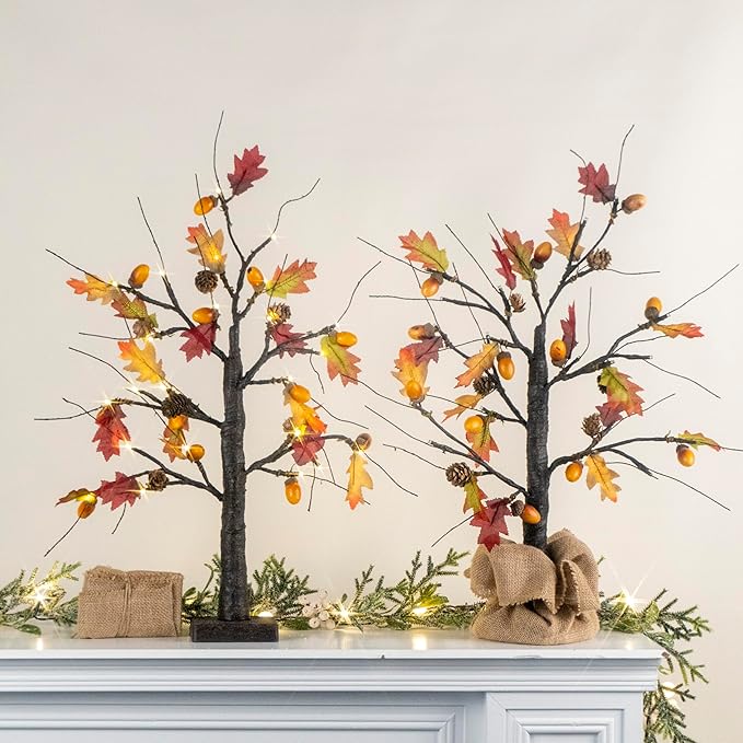 2 Pack Lighted Fall Trees 24in - Battery Operated Autumn Centerpiece with Acorns & Pinecones for Thanksgiving Halloween Decor