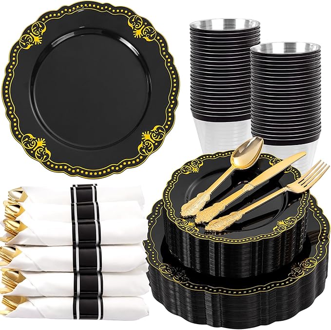 Ciaell 350 PCS Black Plastic Plates - Black and Gold Plates - Black Disposable Plates Include 50 Disposable Plate, 150 Heavy Duty Silverware, 50 Cups, 50 Napkins for Wedding & Party & New Year