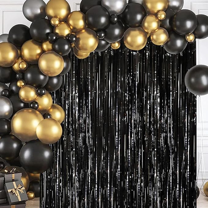 2 Pack Black Tinsel Foil Fringe Curtains, Black Party Decorations, Metallic Tinsel Party Streamers Backdrop for Birthday Halloween New Years Graduation Party Decorations