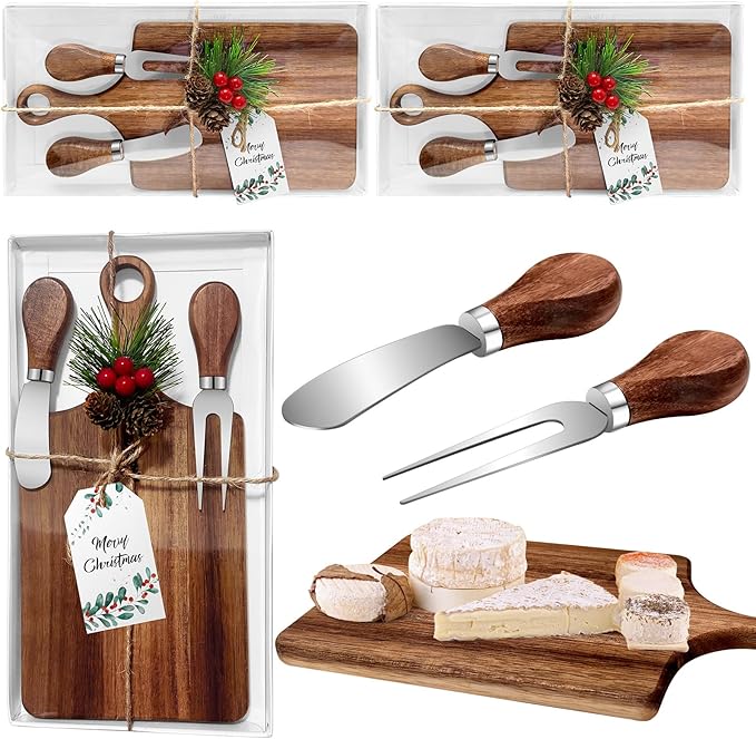 2 Pcs Christmas Gifts Bridal Shower Favor Acacia Wooden Square Cheese Board Gift Set With Knives, Mini Cutting Board Bulk Set, Tags and Boxes for Party Birthday