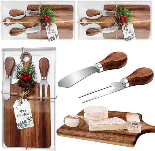 2 Pcs Christmas Gifts Bridal Shower Favor Acacia Wooden Square Cheese Board Gift Set With Knives, Mini Cutting Board Bulk Set, Tags and Boxes for Party Birthday