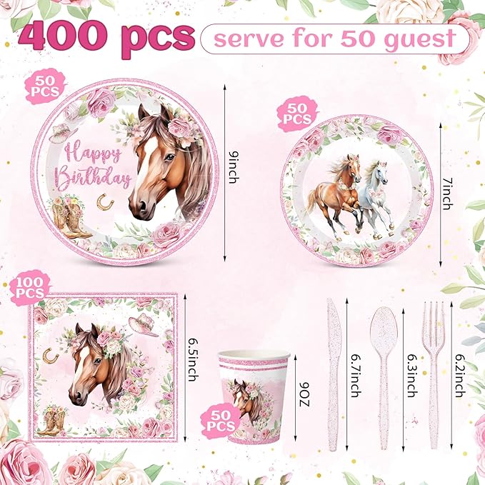 Pickmesh 400 Pcs Horse Birthday Party Supplies Include Pink Western Cowgirl Disposable Paper Plates Napkins Cups Cutlery Cowgirl Birthday Party Decorations for Girls Rodeo Bachelorette Fairy Serve 50