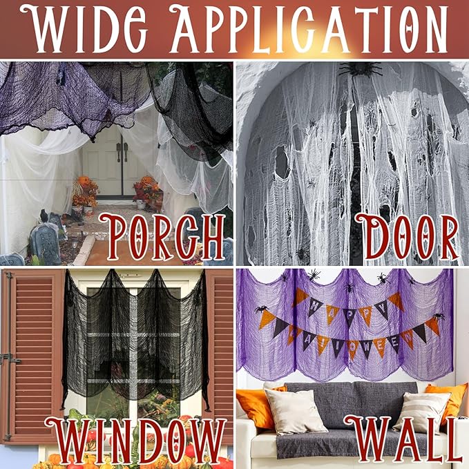 ZeeDix 9 Pack Halloween Creepy Cloth 30 x 75 Inch Spooky Scary Gauze Cloth Creepy Cheesecloth for Halloween Party Supplies Outdoor Yard Home Wall Doorways(Black, White, Purple)