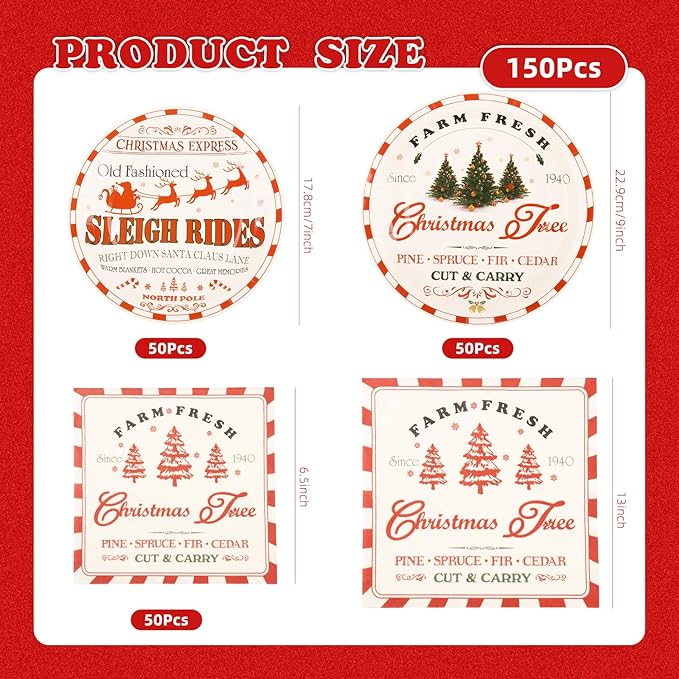 150Pcs Christmas Paper Plates and Napkins Set Vintage Christmas Farmhouse Design Disposable Holiday Plates Dinnerware for Xmas Holiday Winter Party,Serves 50