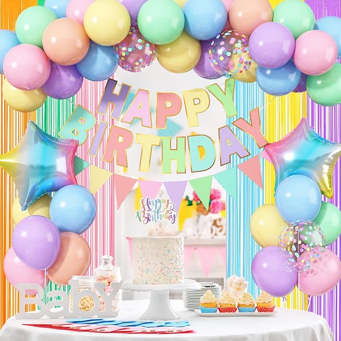Pastel Birthday Decorations for Girls, Macaron Rainbow Pastel Color Balloons Reusable Happy Birthday Banner Sign Fringe Curtain Backdrop Cake Toppers for Kid Spring Baby Shower Party Decoration
