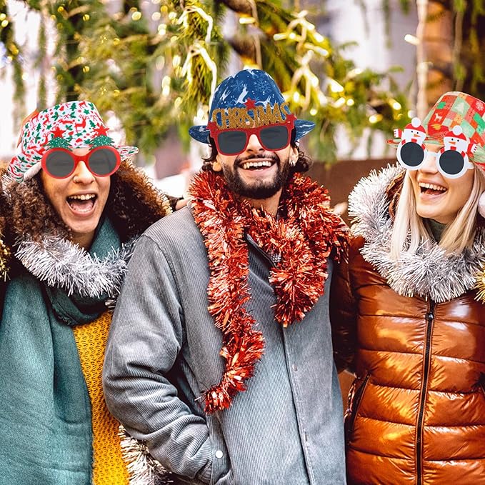 12pcs Christmas Photo Booth Prop, 6pcs Fedora Hats, 6pcs Party Sunglasses for Adult, Teen, Ugly Sweater Hat, Funny Glasses, Merry Xmas Carnival Party Costume Prop