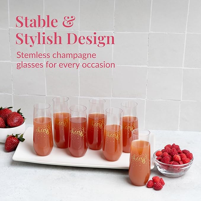 Prestee 24 Pack Stemless Plastic Champagne Flutes - 9 Oz Disposable Cheers Toast Cups for New Years Eve - Shatterproof Drinkware for Cocktails, and Mimosa Bar Supplies