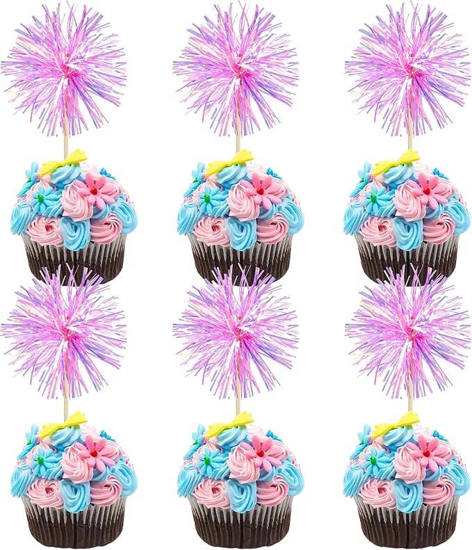 Gyufise 30Pcs Foil Firework Cupcake Toppers Sparkle Tinsel Cake Toppers Tinsel Drink Cake Decoration Cocktail Picks for Birthday Wedding Graduation Party Supplies Laser Rose Red