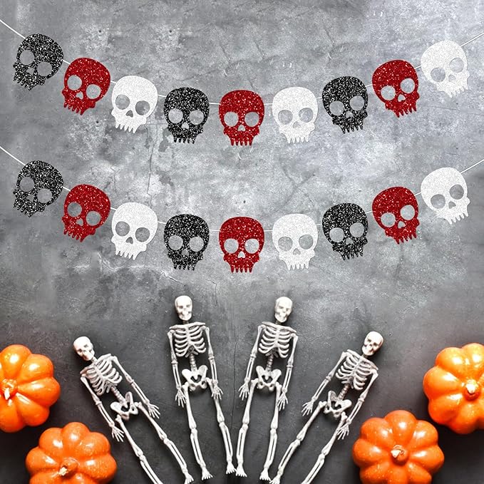 2PC Black/Silver/Red Skull Garland for Halloween Party Decorations Glitter Skull Banner for Gothic Birthday Decorations Supplies