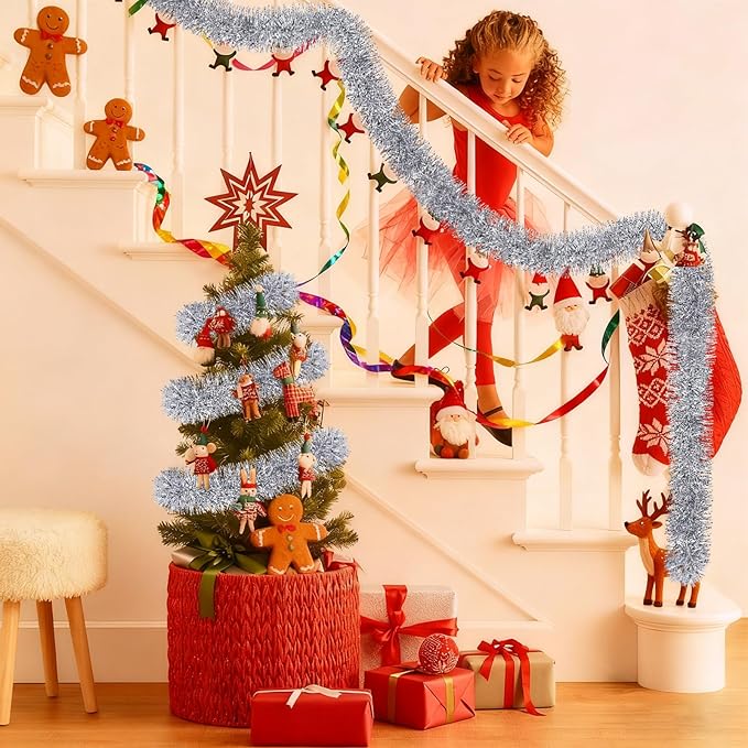 50Ft Christmas Tinsel Garland, Silver Snowflake Metallic Twist Garland for Xmas Tree Decorations, Tinsel for New Year Party Ceiling Hanging Decorations Indoor and Outdoor Decor