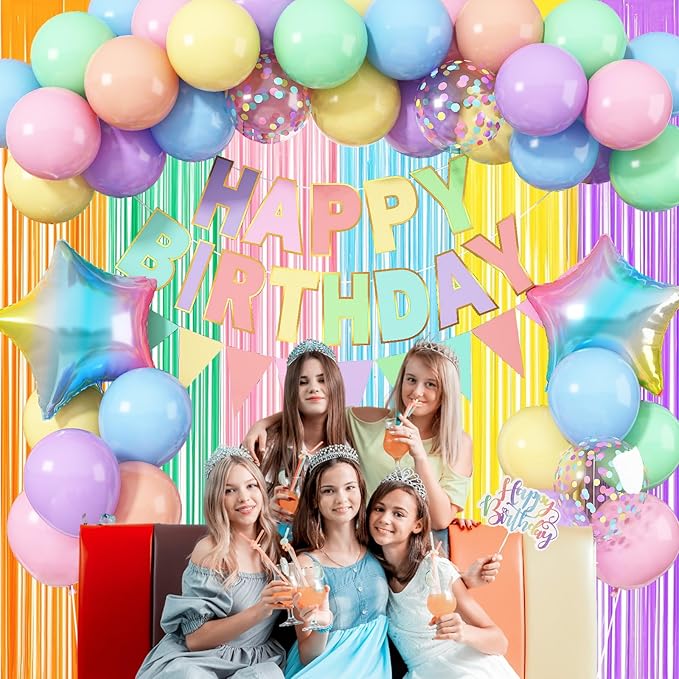Pastel Birthday Decorations for Girls, Macaron Rainbow Pastel Color Balloons Reusable Happy Birthday Banner Sign Fringe Curtain Backdrop Cake Toppers for Kid Spring Baby Shower Party Decoration