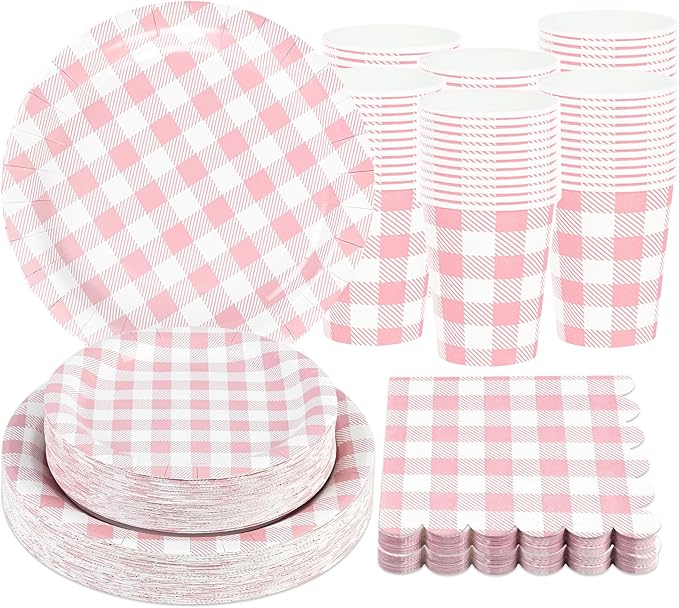 200Pcs Pink Gingham Party Supplies Pink Gingham Paper Plates and Napkins Cups Checkered Plates Disposable Pinks and White Plaid Decor for Birthday Family Picnic BBQ Party,Serves 50 Guests