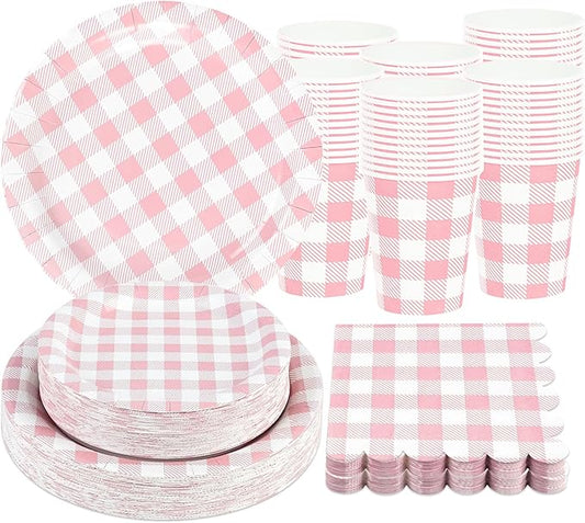 200Pcs Pink Gingham Party Supplies Pink Gingham Paper Plates and Napkins Cups Checkered Plates Disposable Pinks and White Plaid Decor for Birthday Family Picnic BBQ Party,Serves 50 Guests