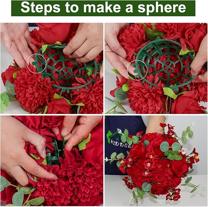 Artificial Flower Ball Wedding Centerpieces Table Decorations 2Pack Faux Red Rose Silk Floral Half Ball with Plastic Base for Party Home Room Event Table Arrangement (2, Red)