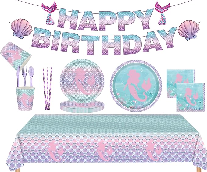 Mermaid Birthday Party Supplies for Girls – 102 PCS Mermaid Party Decorations Set for 16 Guests, Includes Plates, Cups, Napkins, Cutlery, Tablecloth, Banner – Under the Sea / Ocean Theme Baby Shower