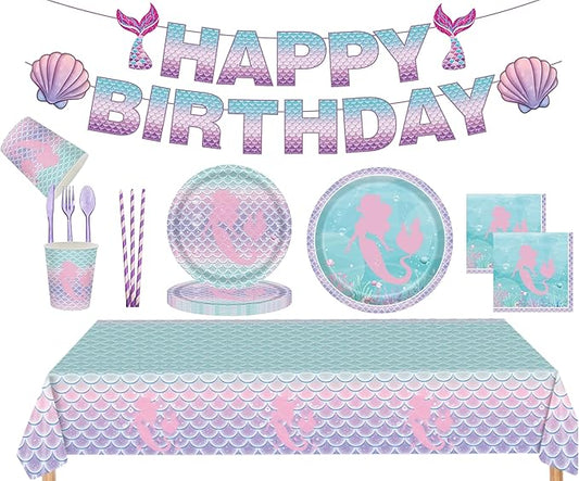 Mermaid Birthday Party Supplies for Girls – 102 PCS Mermaid Party Decorations Set for 16 Guests, Includes Plates, Cups, Napkins, Cutlery, Tablecloth, Banner – Under the Sea / Ocean Theme Baby Shower
