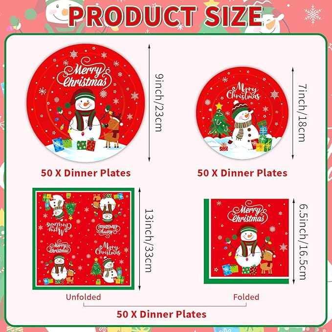 150 Pcs Merry Christmas Plates and Napkins Set - Xmas Paper Plates and Napkins, Snowman Dinner Dessert Plate Napkin Tableware Kit for Winter Christmas Party Supplies Table Decorations, Serve 50