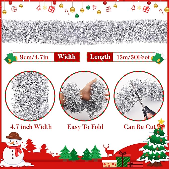 50Ft Christmas Tinsel Garland, Silver Snowflake Metallic Twist Garland for Xmas Tree Decorations, Tinsel for New Year Party Ceiling Hanging Decorations Indoor and Outdoor Decor