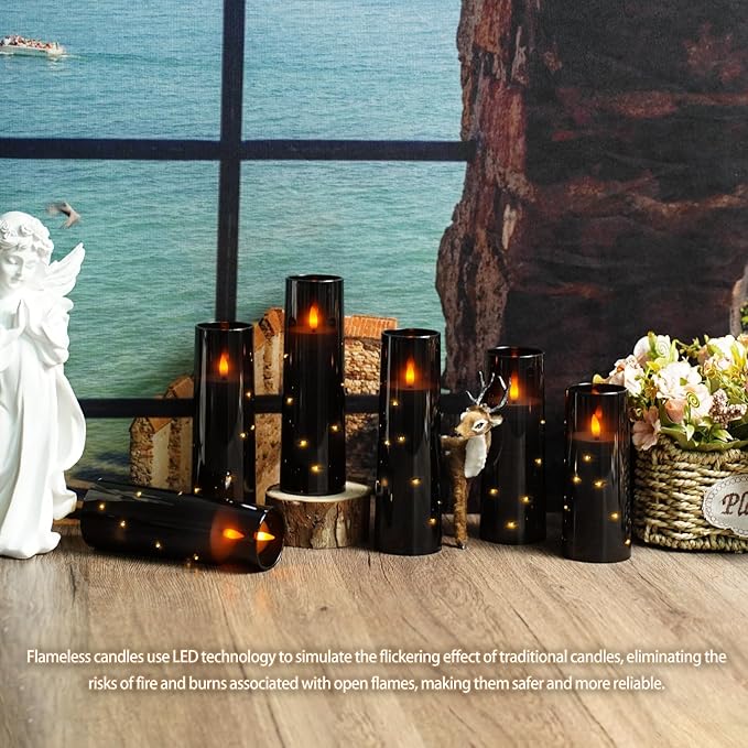 Flickering Flameless LED Candles, 9 Pcs with Embedded Star String, Acrylic LED Pillar Candles with Remote, Suitable for Home Decoration (Black)