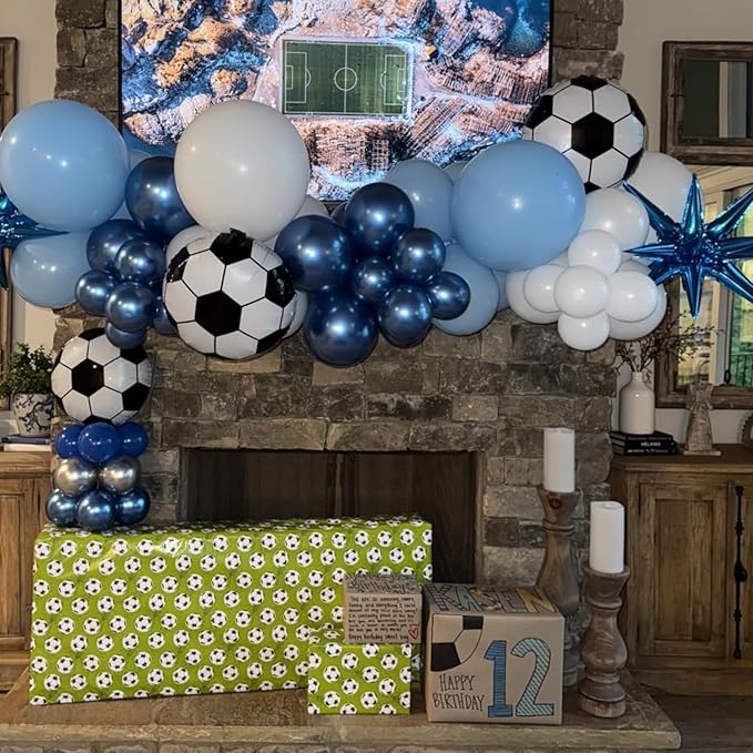Soccer Balloons, Metallic Blue Silver Balloons with 18 Inch Soccer Ball Foil Print Balloon for Sport Theme Party Decorations, Chrome Silver Blue Confetti Balloon for Boys Men Birthday