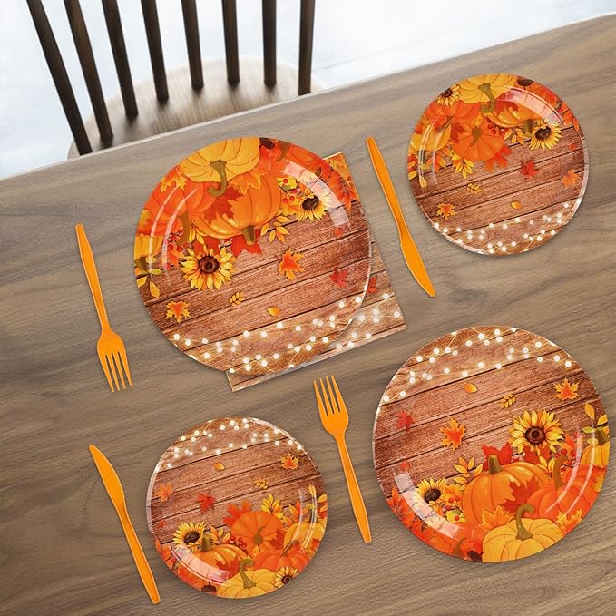 182pcs Fall Paper Plates and Napkins Set,Watercolor Fall Party Supplies Disposable Dinnerware for Autumn Leaves Thanksgiving Party Decorations,Serve 30 Guests