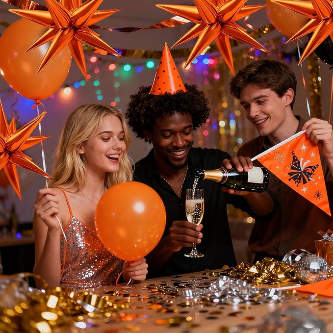 60Pcs Orange Star Balloons Foil Explosion Mylar Balloon 12 Point Spike Ballons Metallic Photo Backdrops for Christmas Halloween Thanksgiving Wedding Anniversary Birthday Fall Theme Party Decorations