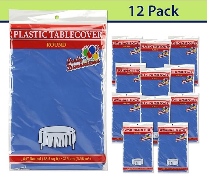 Party Dimensions Blue Disposable Plastic Tablecloth for Round Tables (12 Pack) 84 inches Table Cloths for Parties, Events & Weddings, Indoors & Outdoors, Plastic Table Cover