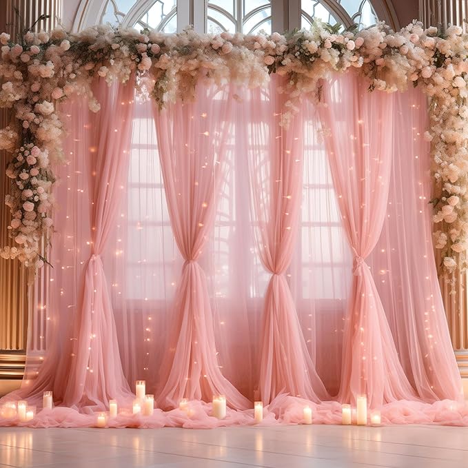20ft x 10ft Dusty Rose Backdrop Curtain with Lights String for Parties, Sheer Tulle Wedding Photo Backdrops Drapes for Baby Shower Birthday Party Decorations Background for Photography